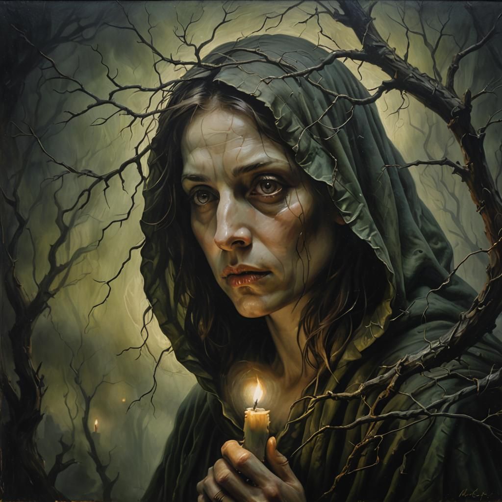 Eerie Renaissance Portrait in Oil with Dark Shadows