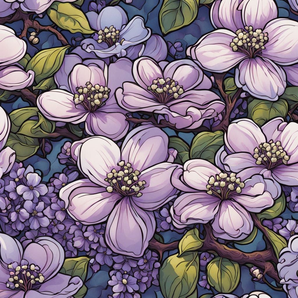 Dogwood Flowers and Lilac Clusters in Comic Art Style