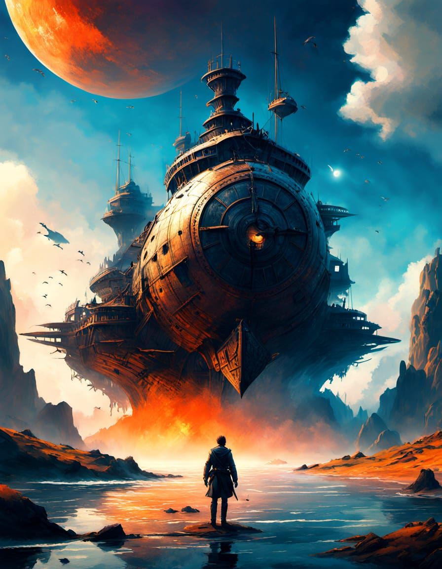 Epic Battleship Wreckage on a Misty Beach at Golden Hour