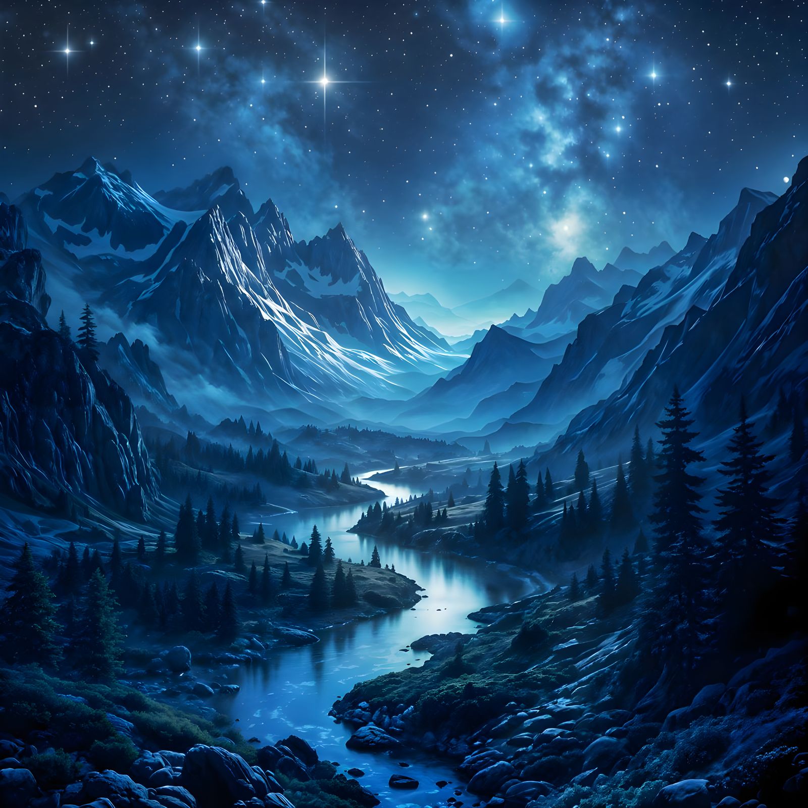 Moonlit Alpine Paradise in Vibrant Colors