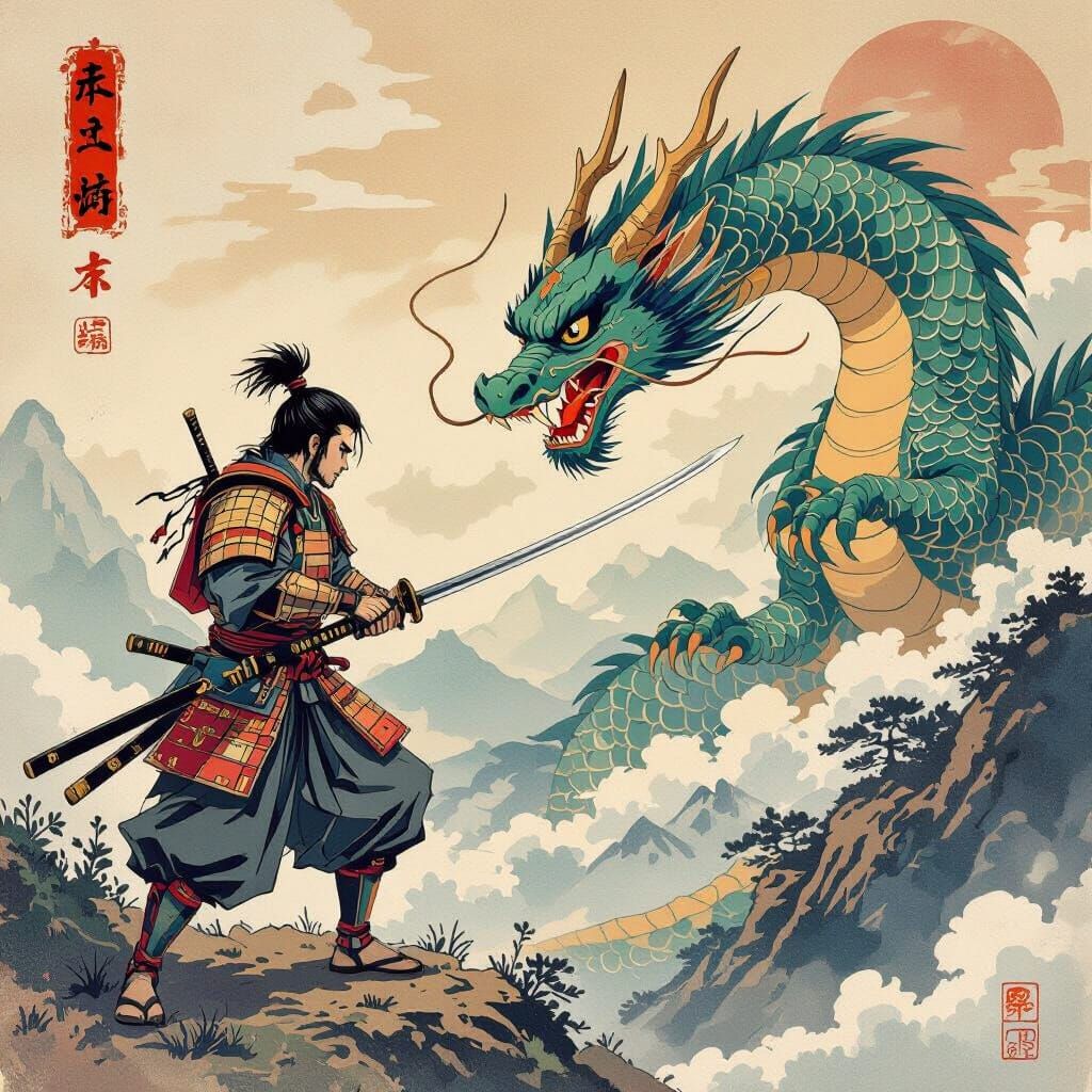 Samurai vs Dragon in Hokusai Style