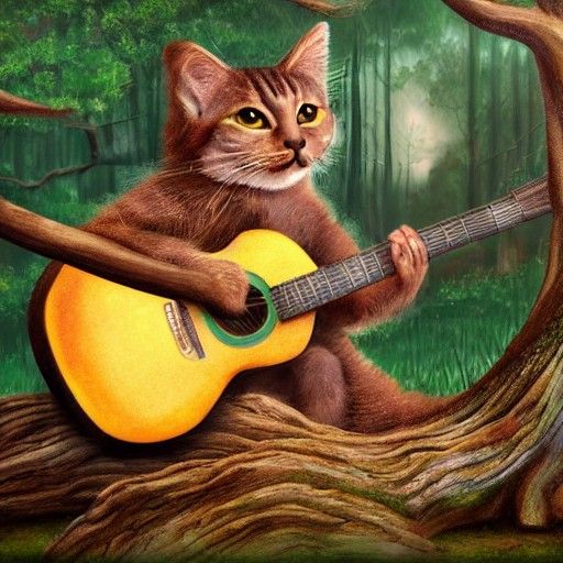 Cat Playing Guitar in Forest: Matte Painting
