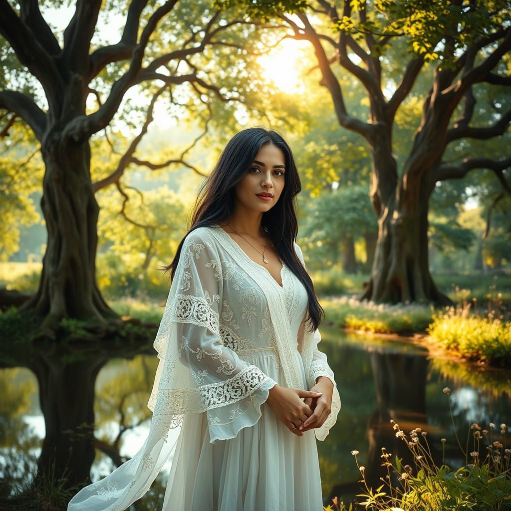 Woman in Sunlit Forest Glade, in Victorian Romantic Style