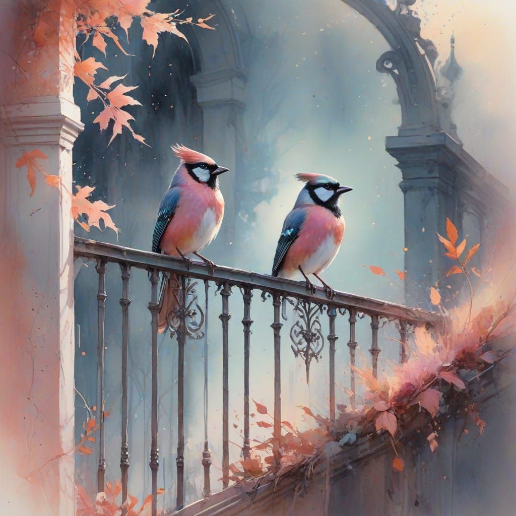Dreamy Whimsical Watercolour of a Pink Jay in Autumnal Twili...
