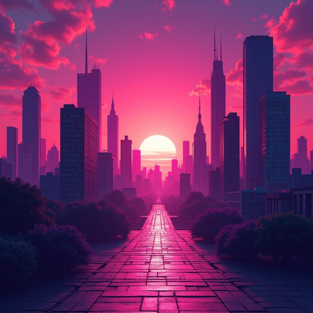Vibrant Vaporwave Cityscape at Sunset