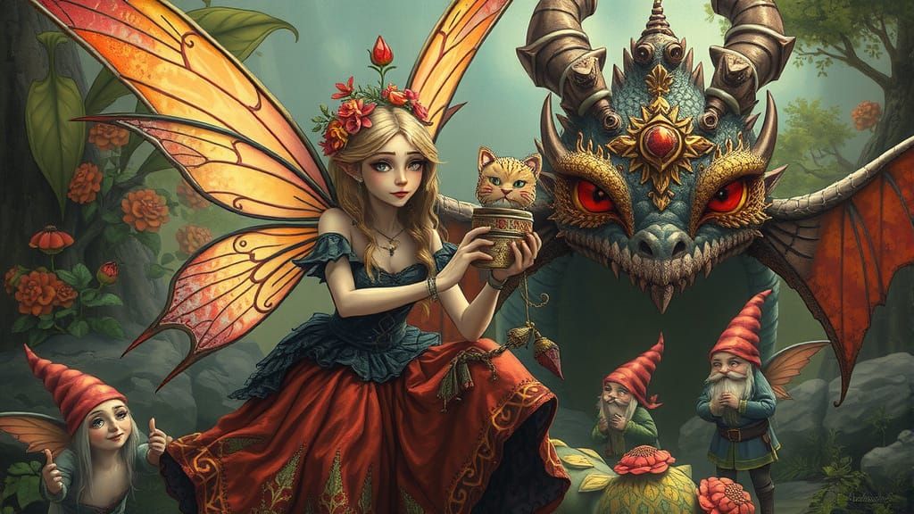 Fantasy Scene with Fairy, Dragons and Gnomes