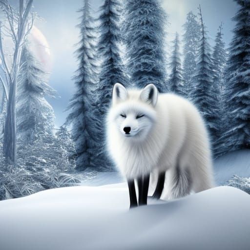 Epic White Polar Fox in Dark Forest