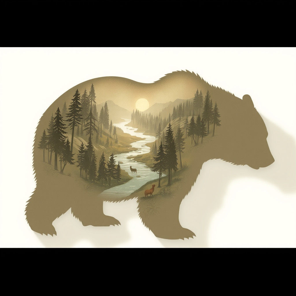 Bear Silhouette Reveals Forest River Landscape
