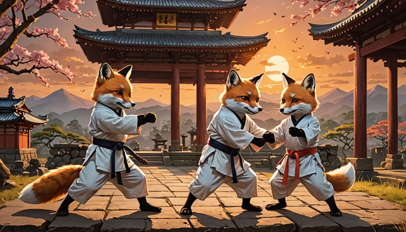Fox Master and Apprentice Practice Karate at Sunset