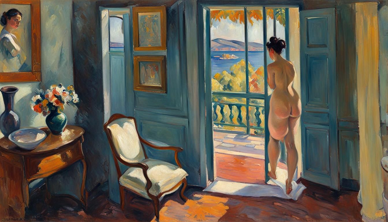 Impressionistic Nude Figure in Interior Scene