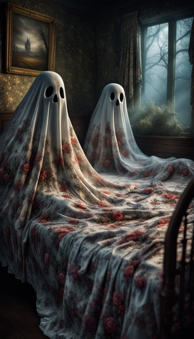 Floral Bedsheet Ghosts Haunt Countryside, Digital Matte Pain...