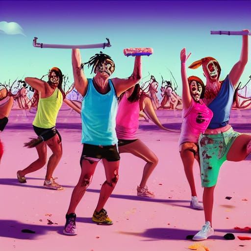 Vaporwave Zombie Zumba Class on the Beach
