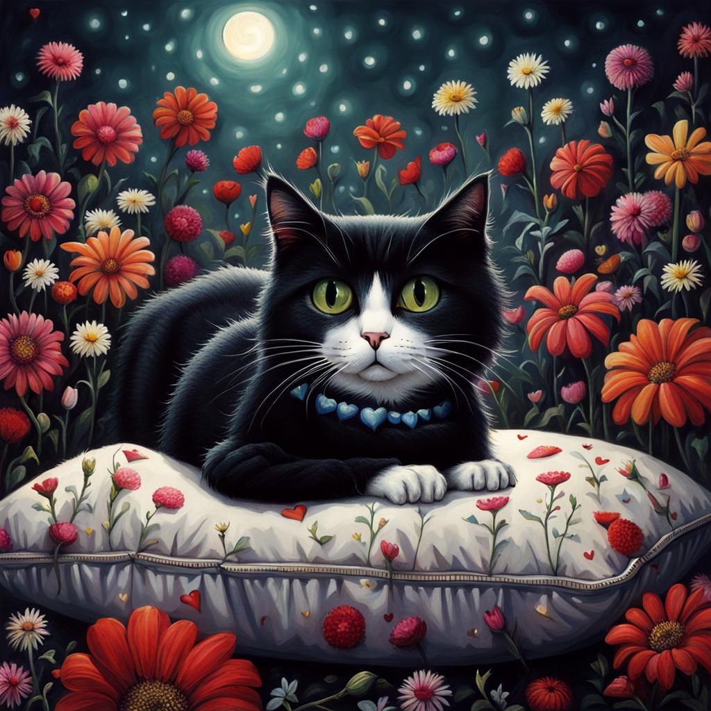 Cute Cat Surrounded by Flowers in Gothic Fantasy Style