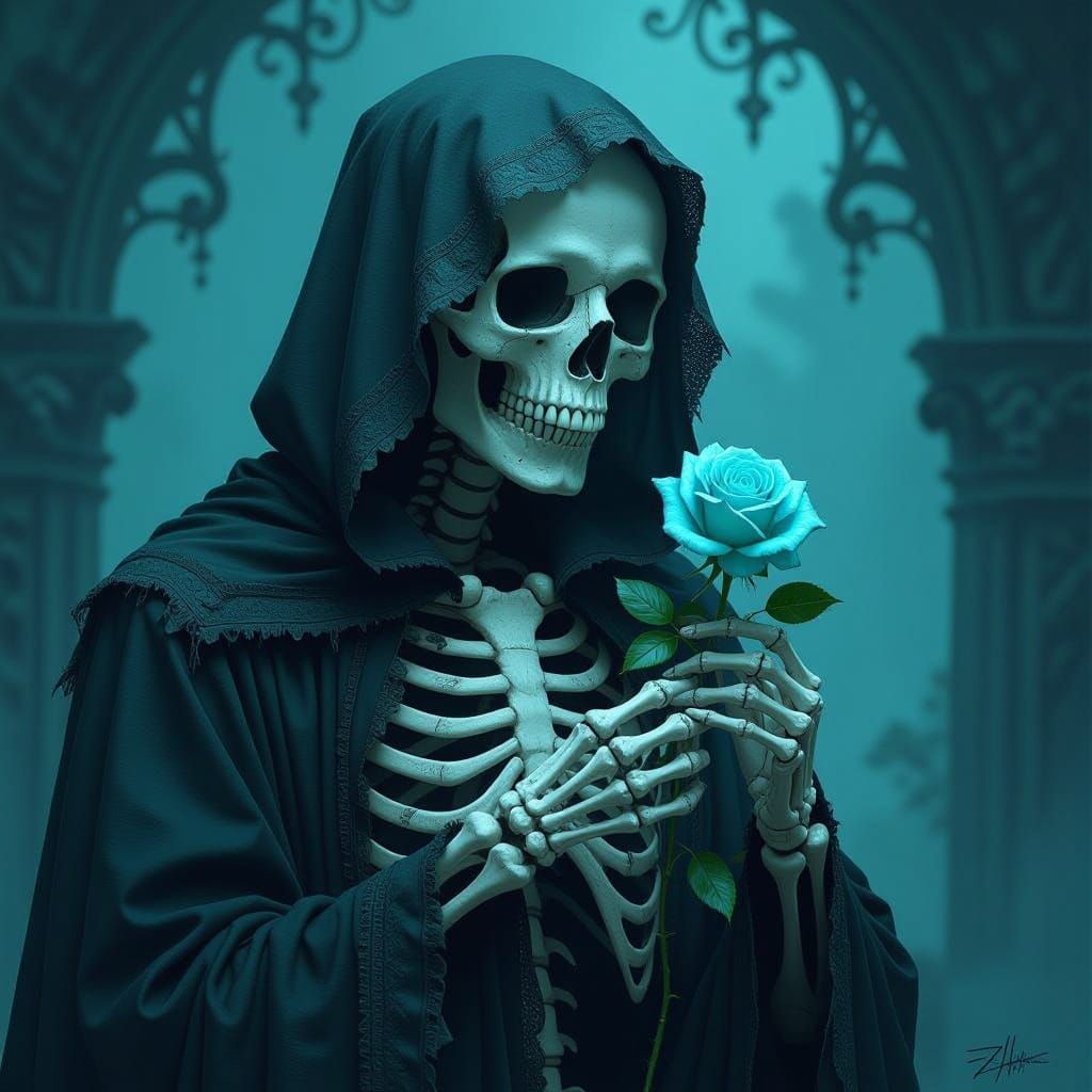 Turquoise Skeleton with Rose in Gothic Style