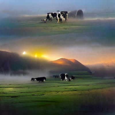 Atmospheric Farmland Sunrise with Grazing Cows
