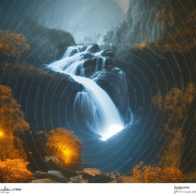 Golden City with Moonlit Waterfalls: Digital Painting