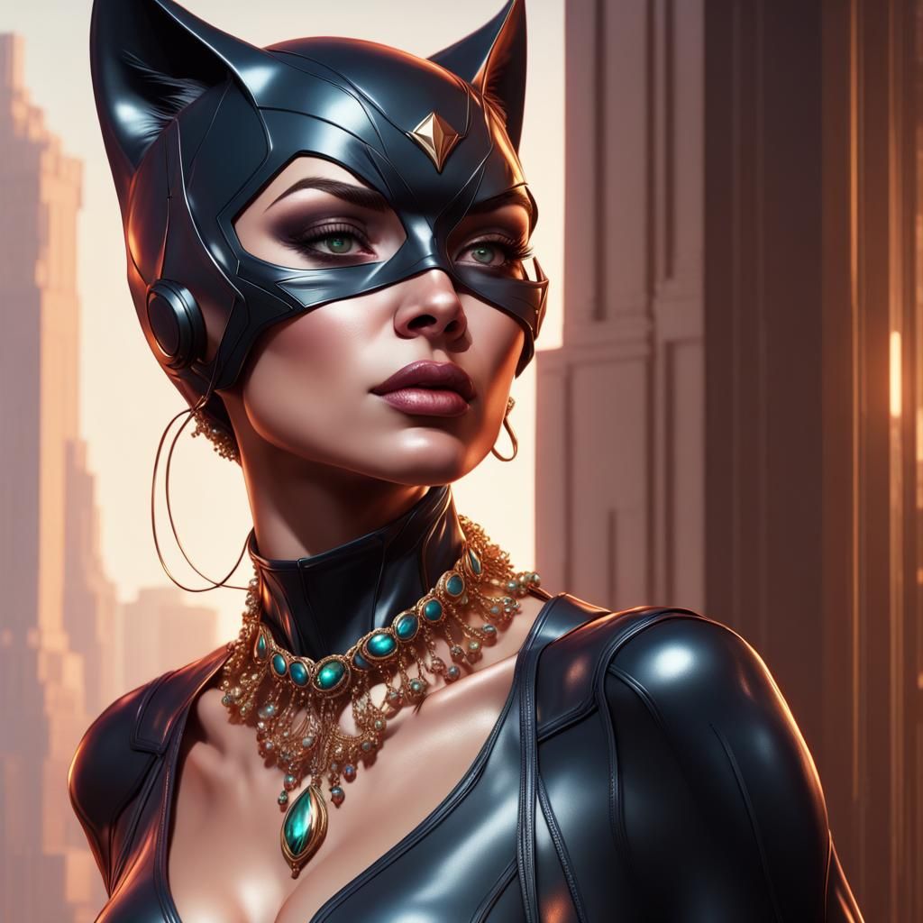 Catwoman Adorned in Jewelry: Hyperdetailed Portrait