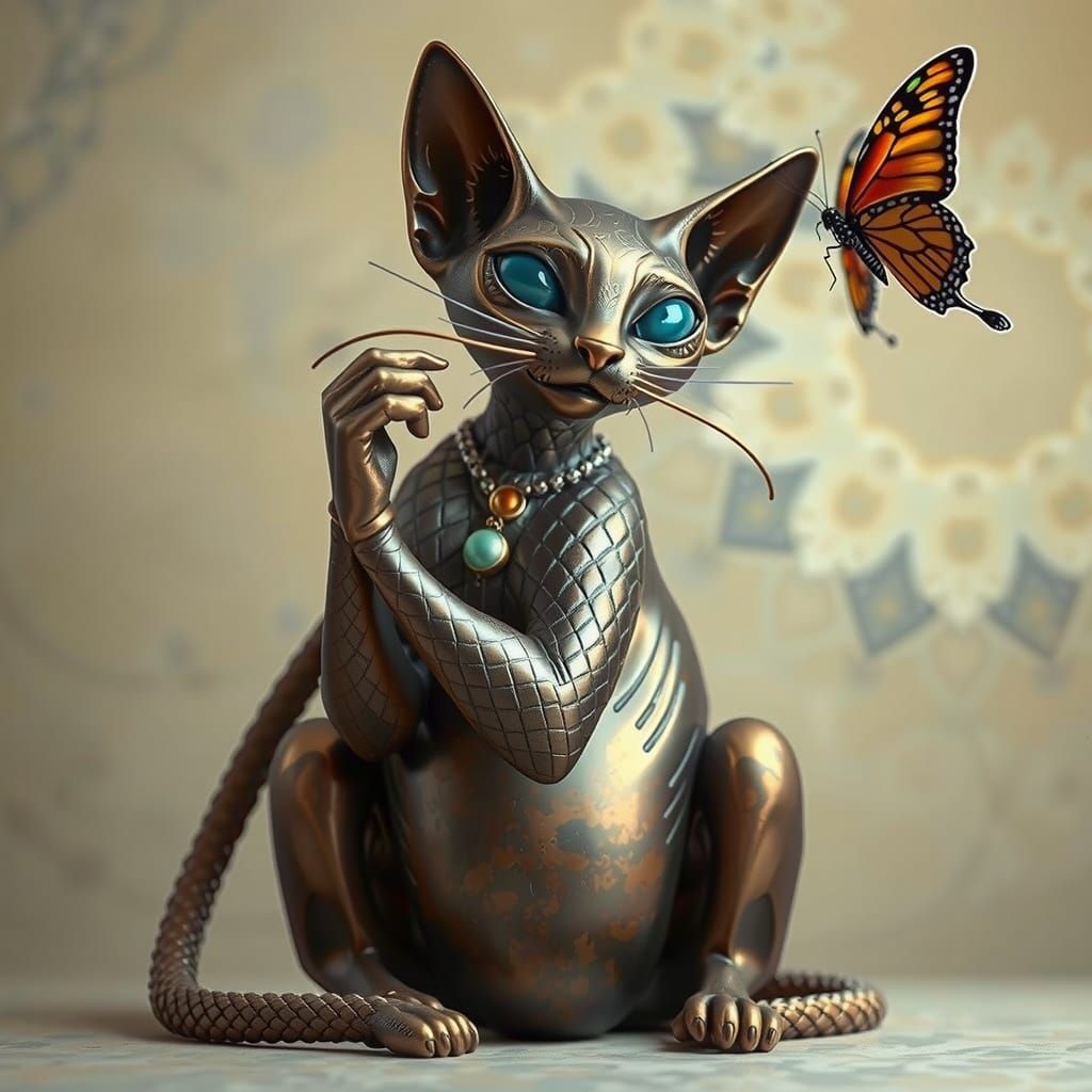 Elegant Hybrid Sphinx Cat Elephant Sculpture in Antique Nick...