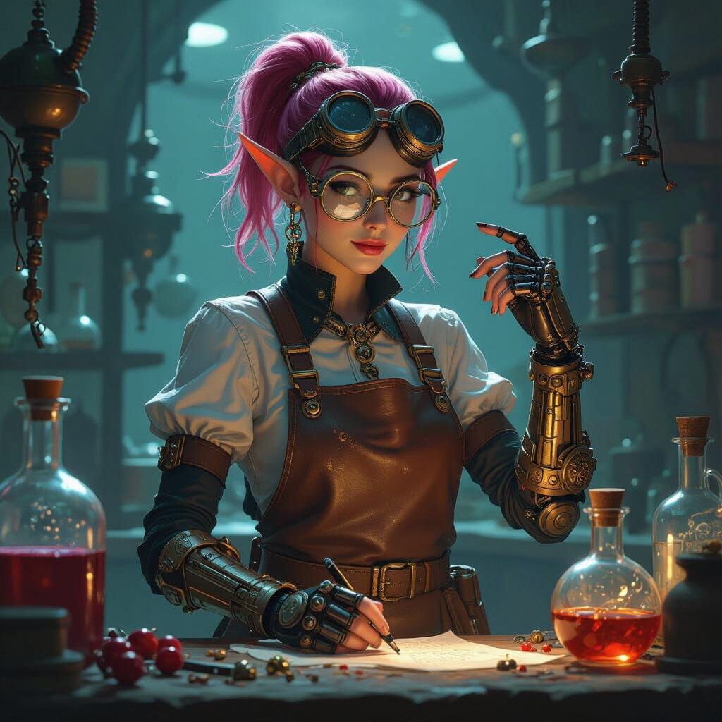 High Elf Artificer in Dimly Lit Lab, Industrial Futurism