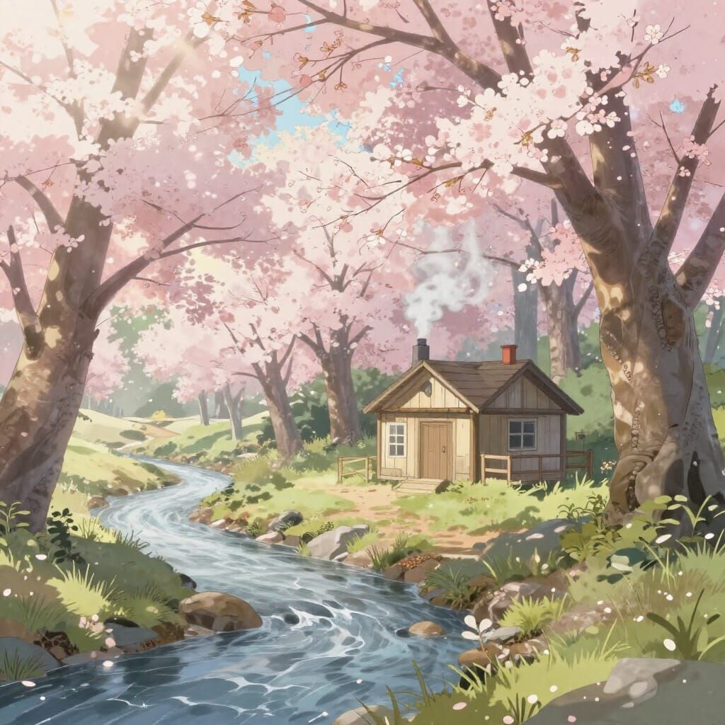 Anime Lofi Nature Scene with Cherry Blossoms and Cabin