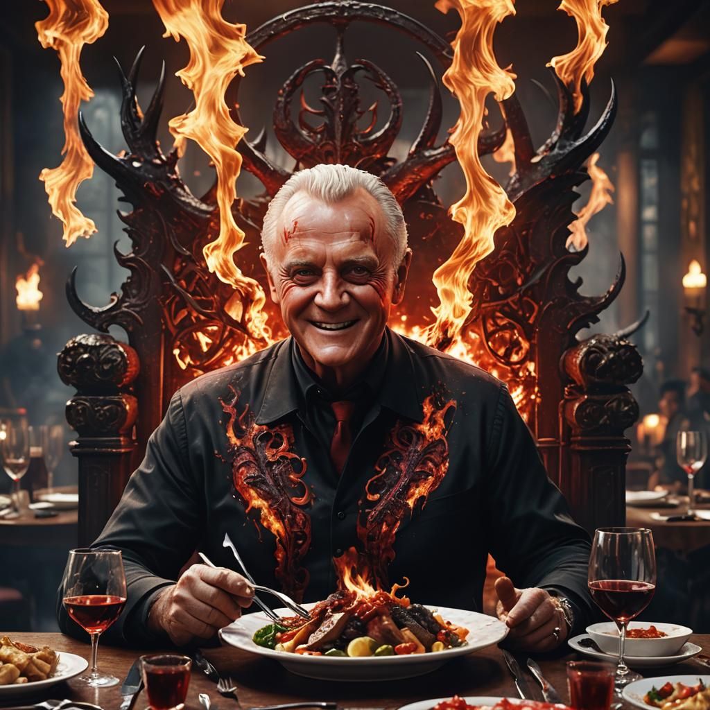 Satanic Anthony Hopkins eating in a fancy restaurant
