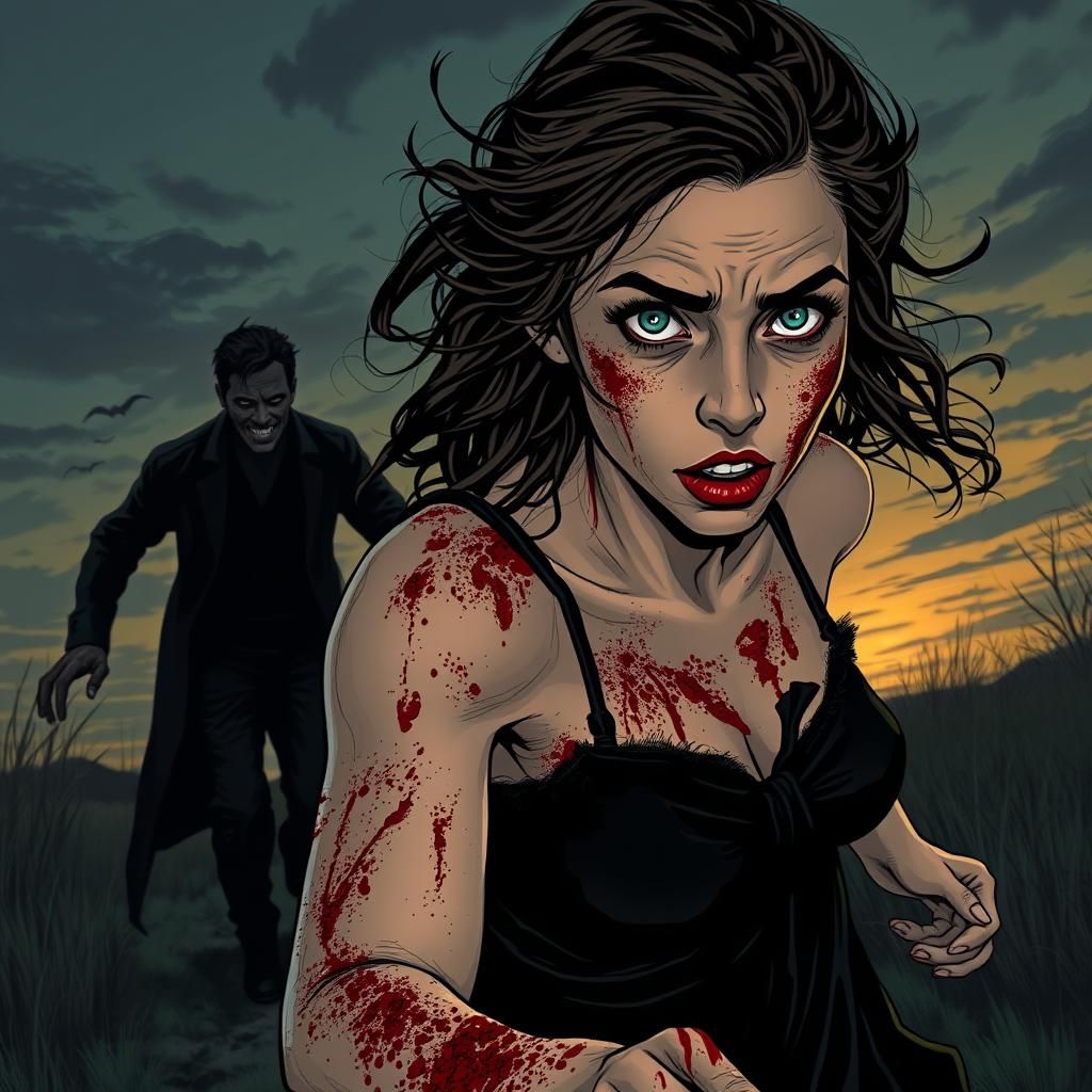 Terrified Woman Running from Evil Man: Comic Book Art