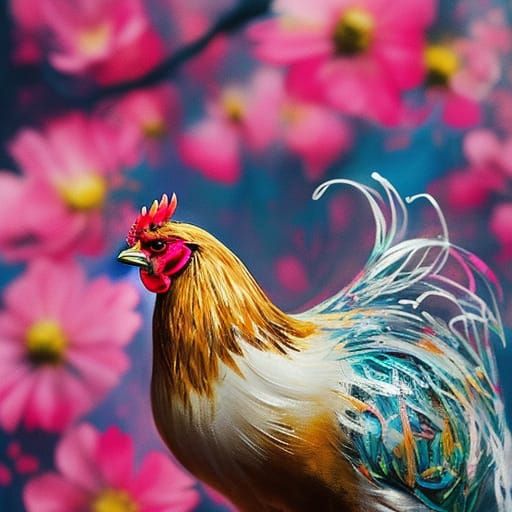 Detailed Floral Chicken Sketch with Oil Splash