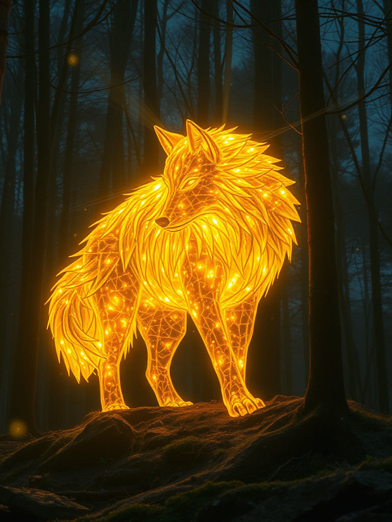 Glowing Wolf Spirit in Klimt-Inspired Forest