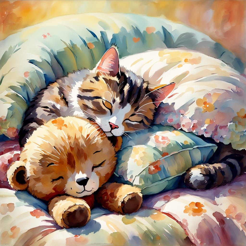 Cat Hugging Teddy Bear in Impressionist Style