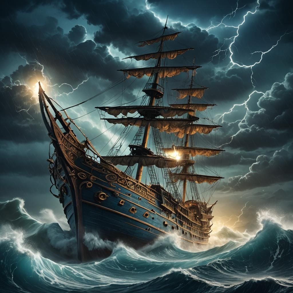 Shipwrecked Fantasy Vessel in Stormy Seas