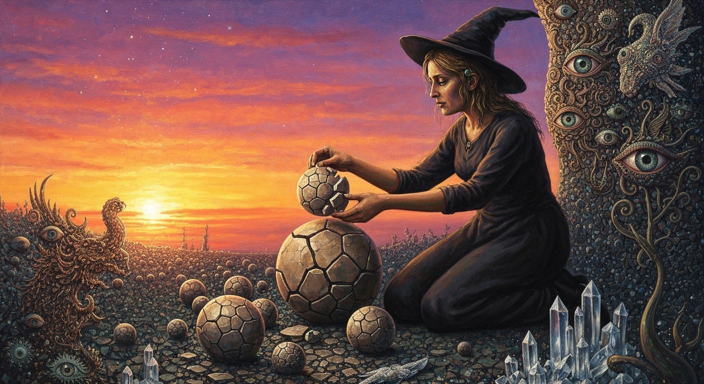 Witch Assembling Stone Orbs at Sunset