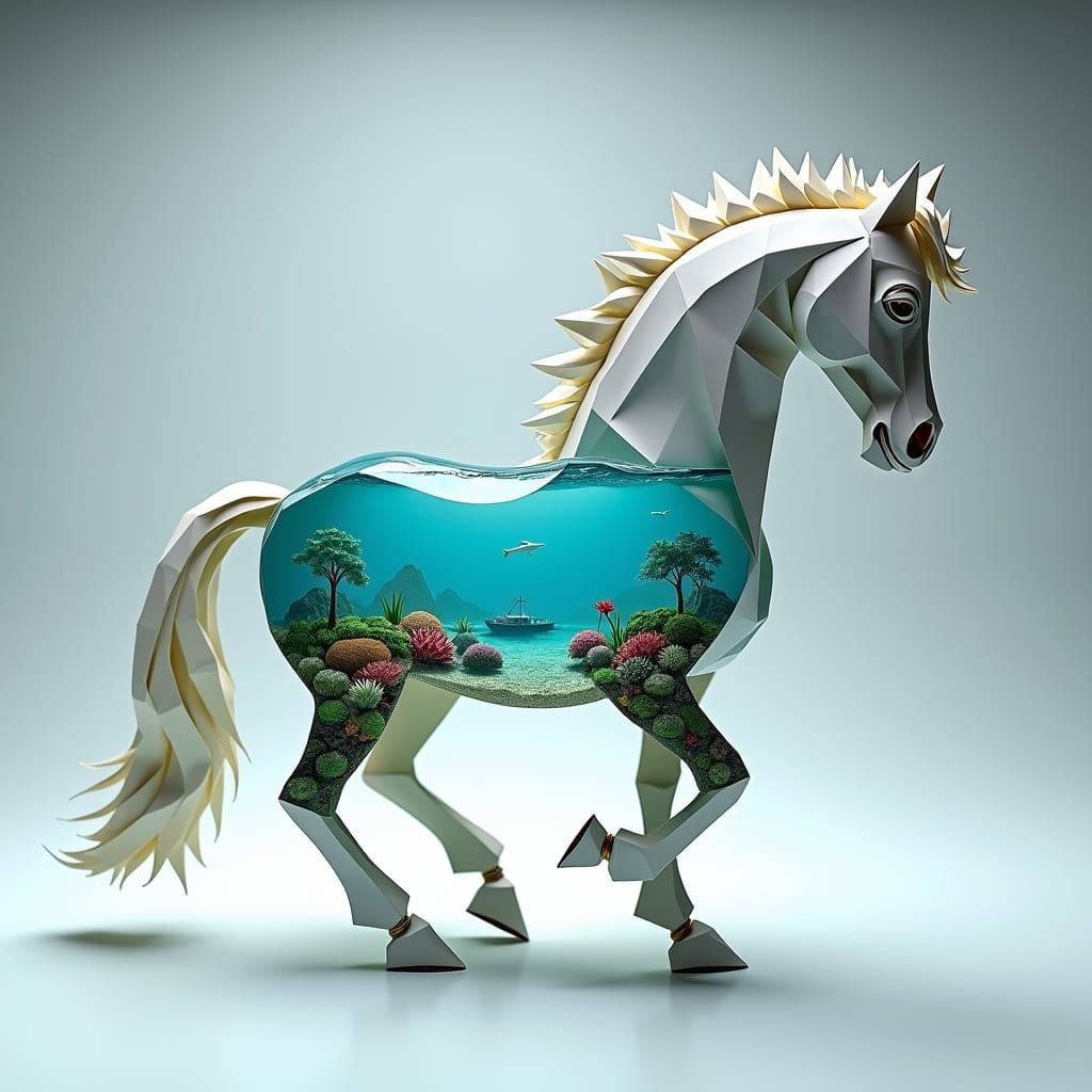 a beautiful horse made of white glass invisibel with a minia...