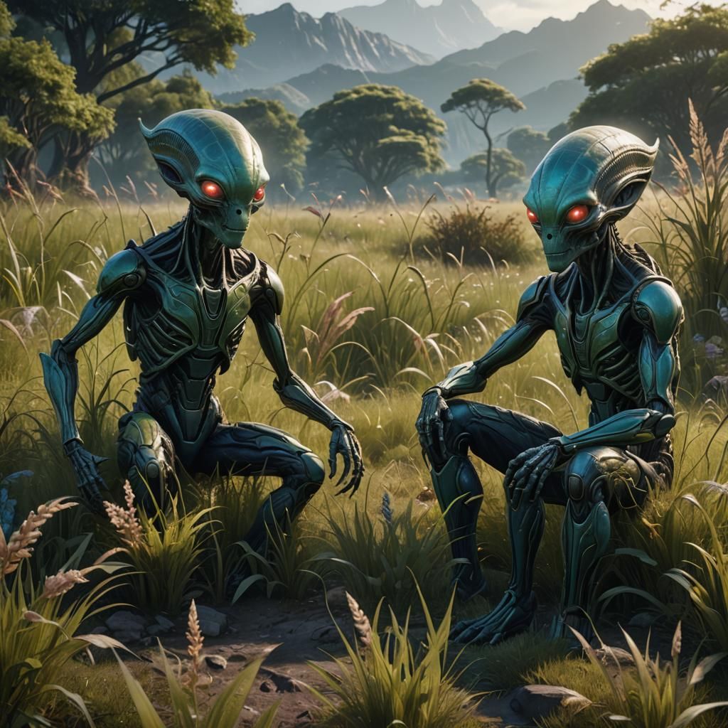 Two Aliens in Grassy Field: Detailed Matte Painting