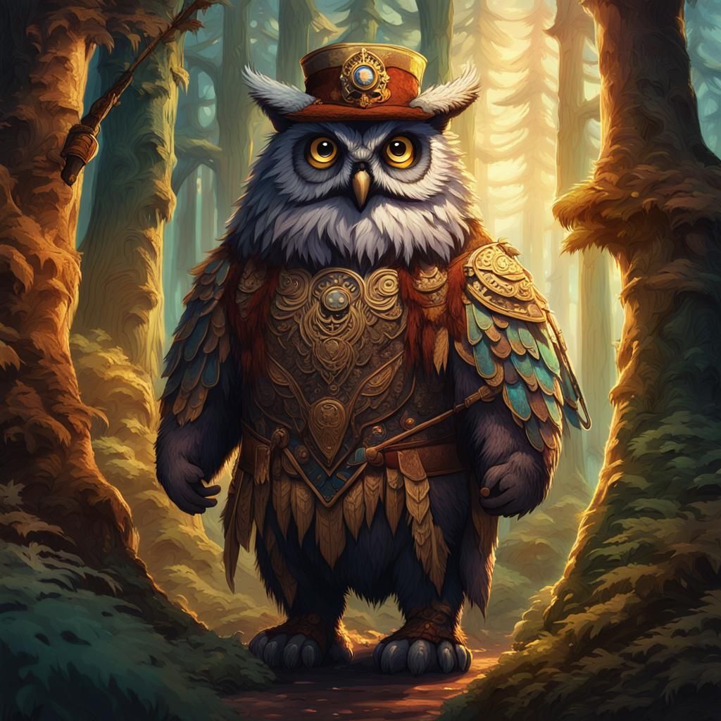 Owlbear Tourist in Mystical Forest: Fantasy Concept Art