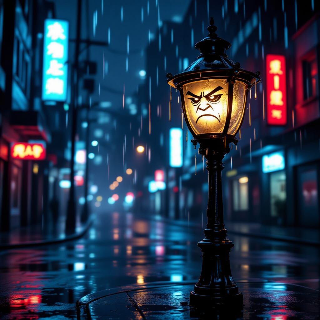 Grumpy Streetlamp Glare in Cyberpunk Cityscape