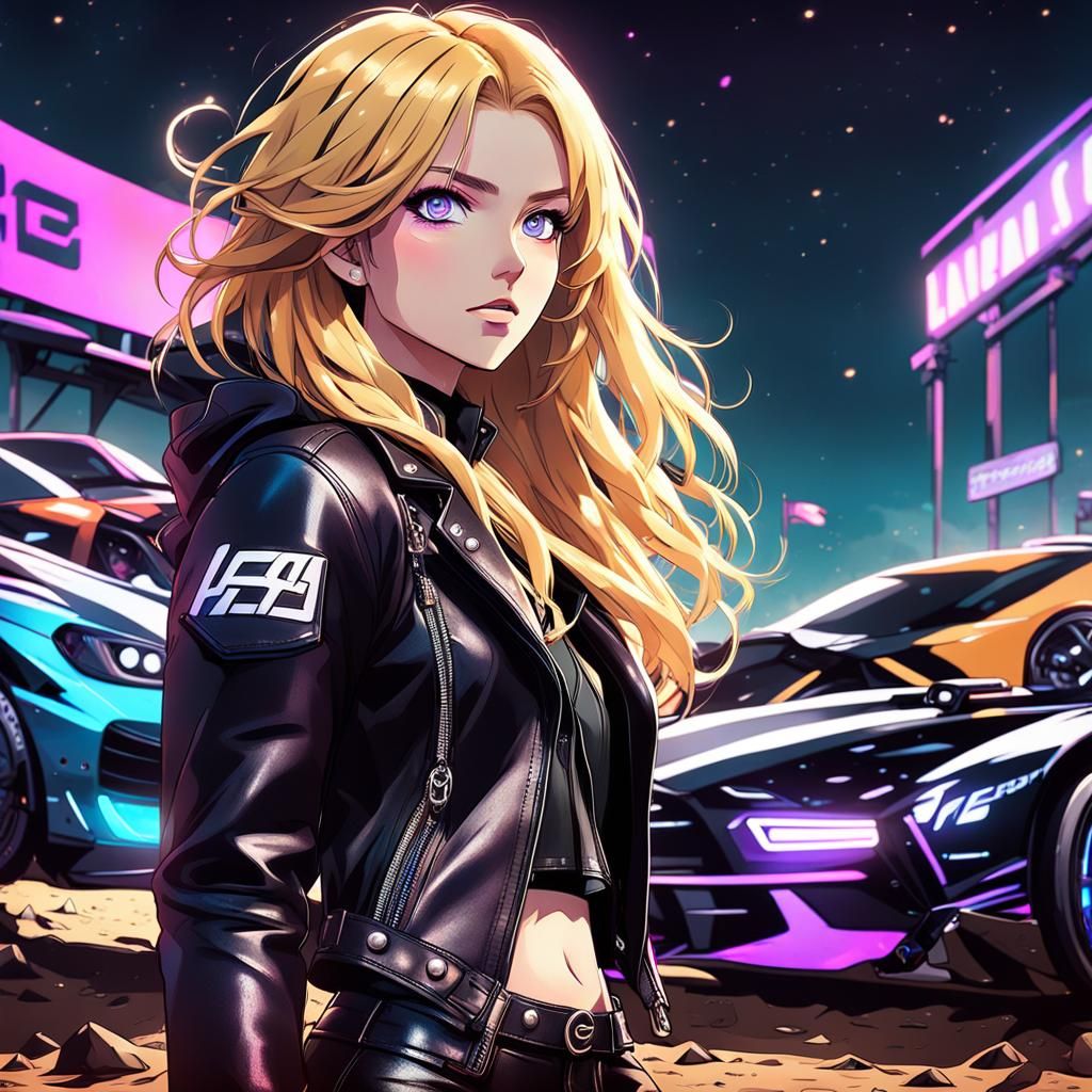 Anime Girl in Leather at Night Race