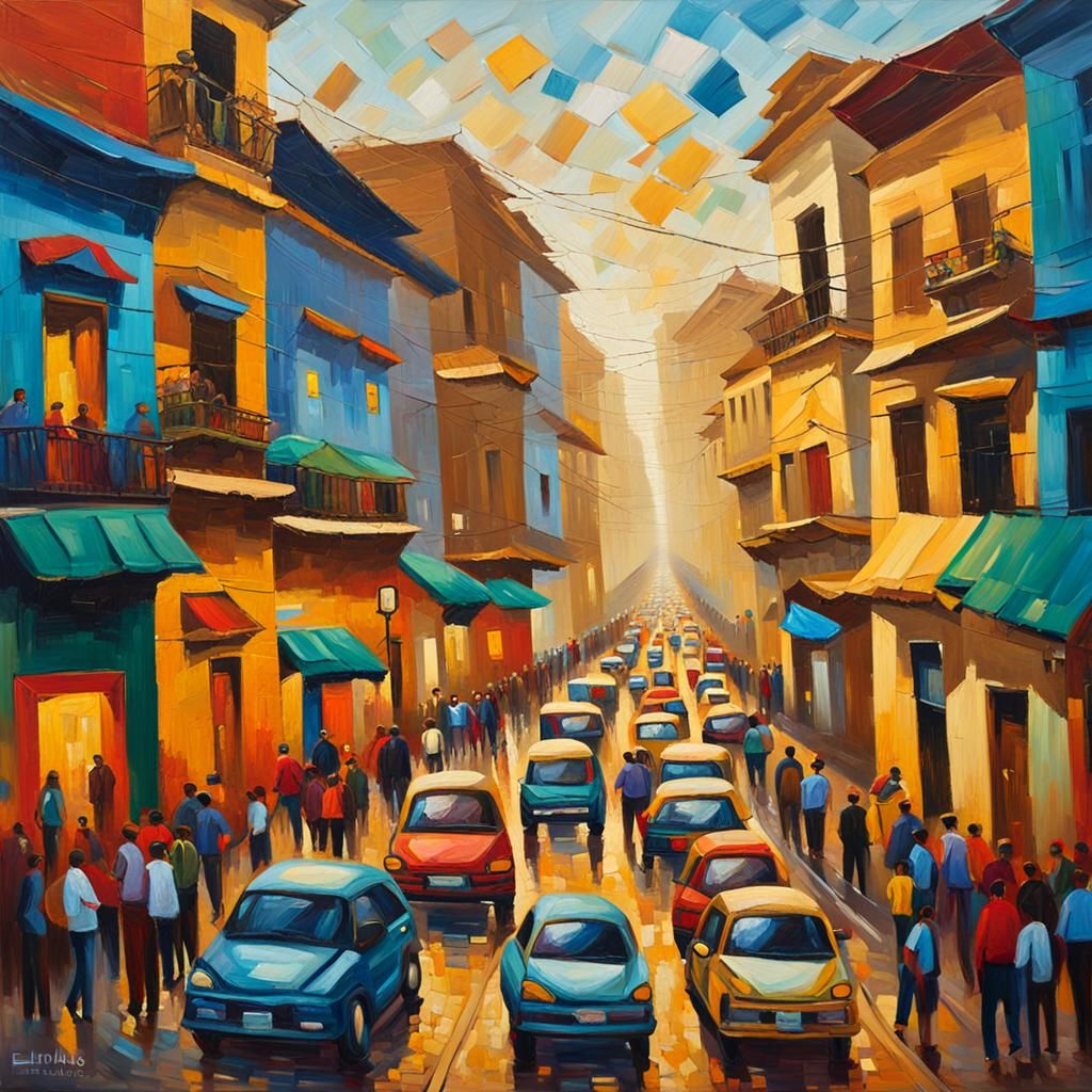 Vibrant Lima Street Scene in Neo-Impressionist Style