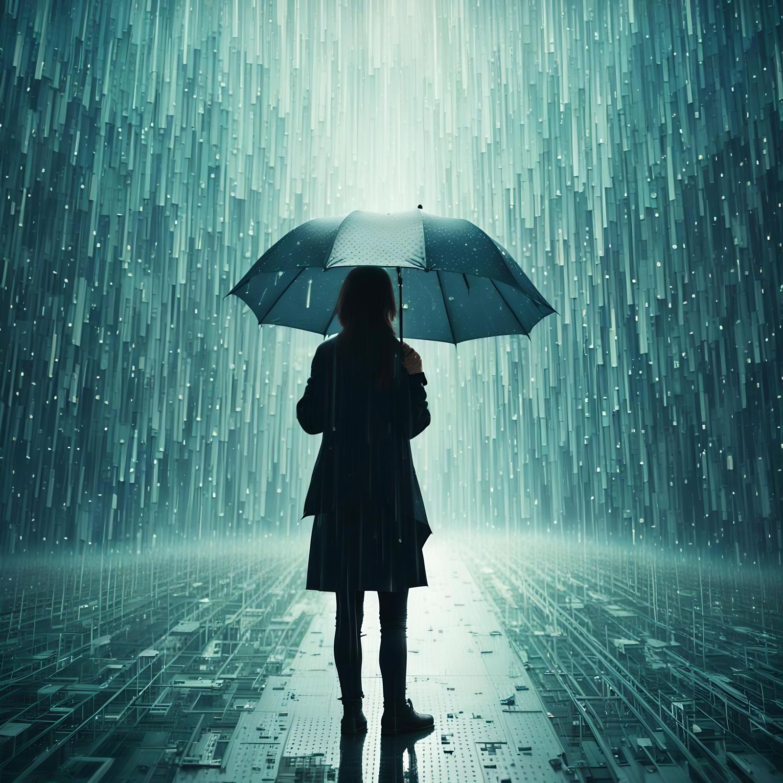 Woman with Umbrella in Matrix Digital Rain