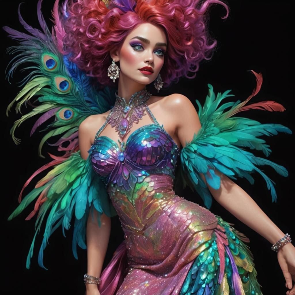 Rainbow Woman with Peacock Hair, Pixar-Inspired Art