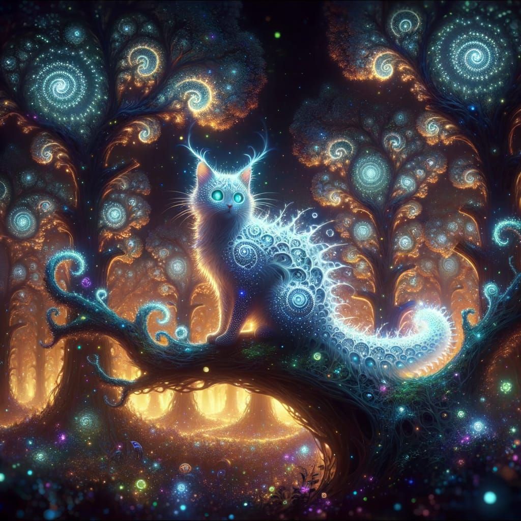 Bioluminescent Cat in Magical Dreamcore Forest