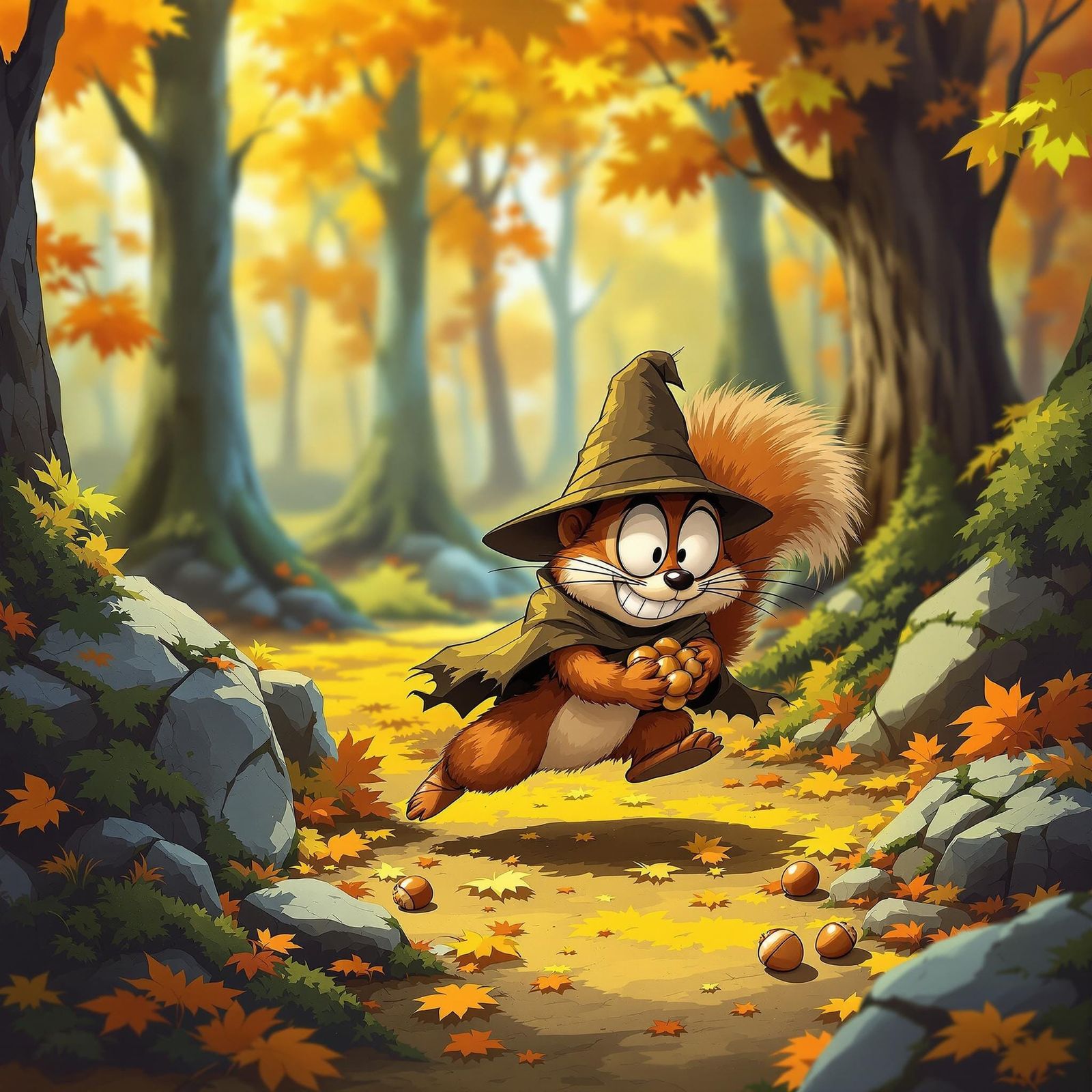 Cartoon Squirrel Thief Hiding Acorns