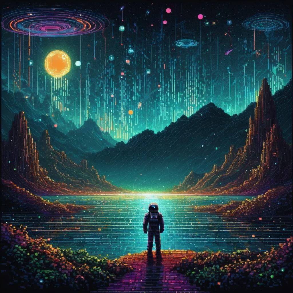 Astronaut Singing in Binary Stardust: 8-Bit Pixel Art