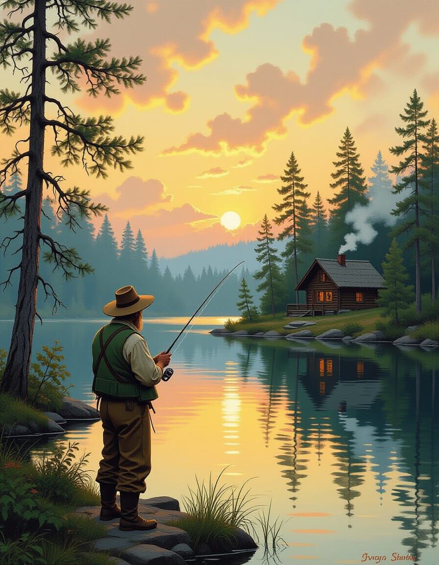 Fisherman in Forest Lake: Impressionistic Landscape