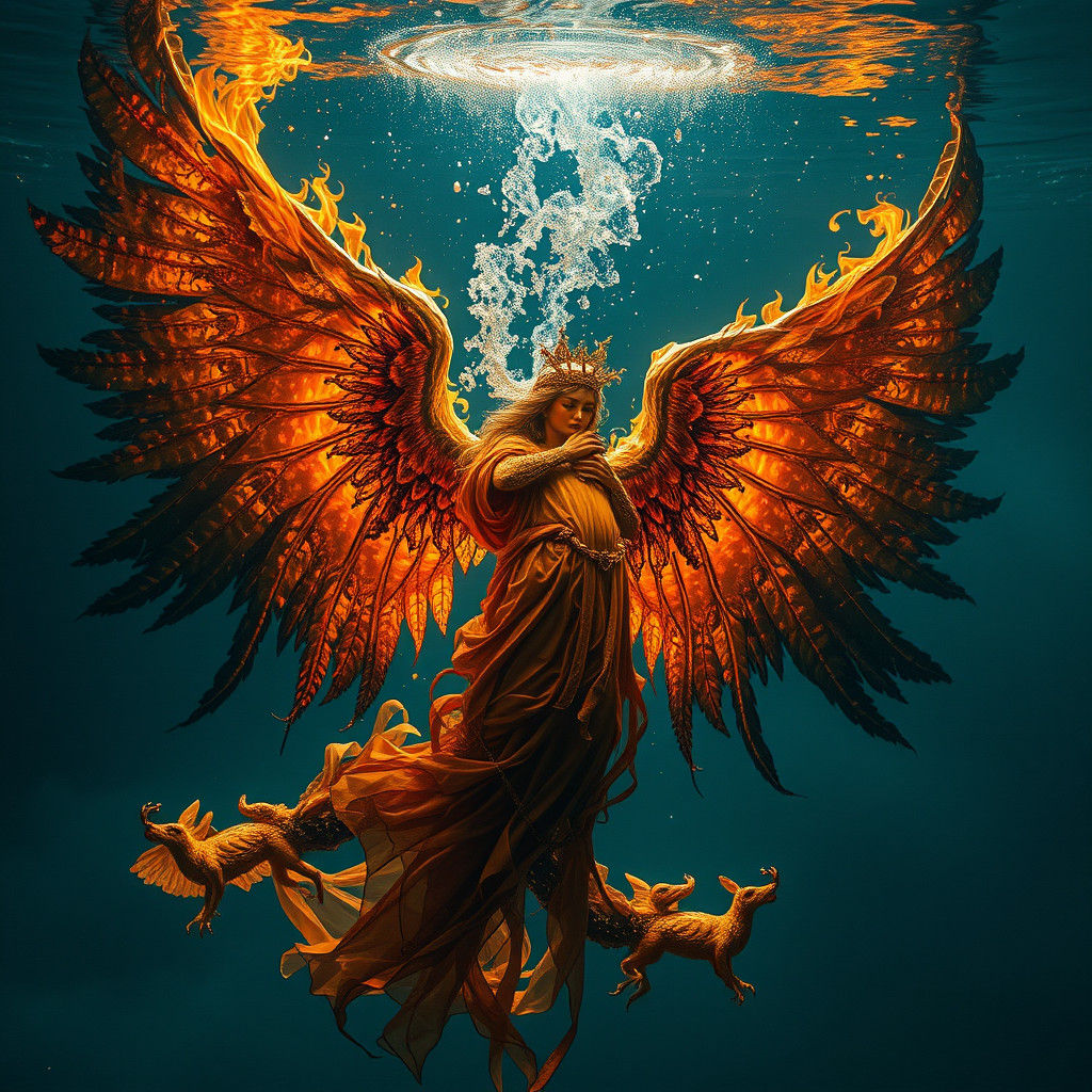 Fiery Gothic Angel Flying Underwater in Photorealism