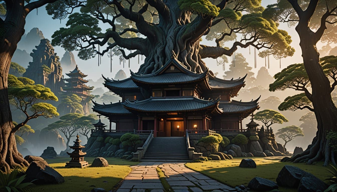 Ancient Tree Temple at Dawn with Meditating Monk