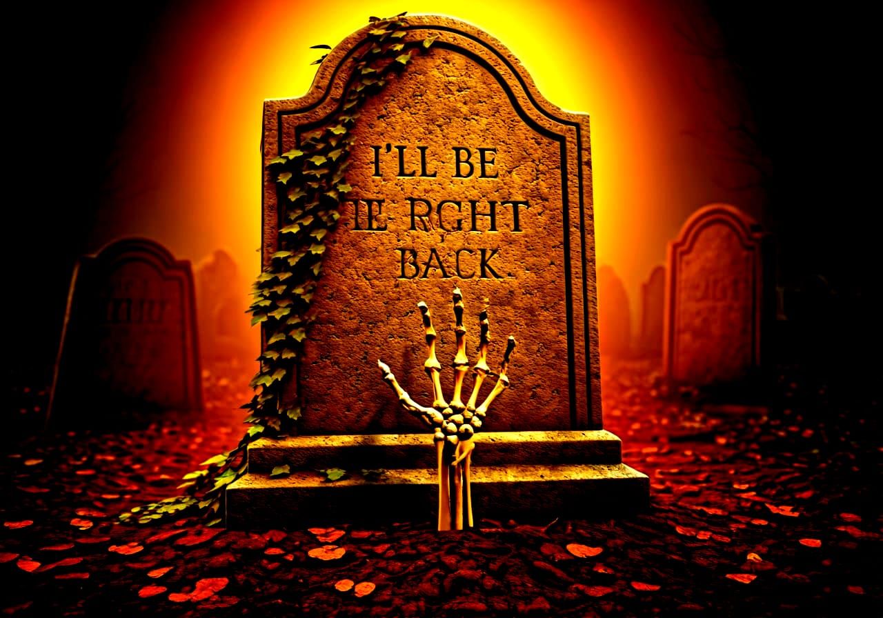 Eerie Cemetery Headstone with Spectral Hand