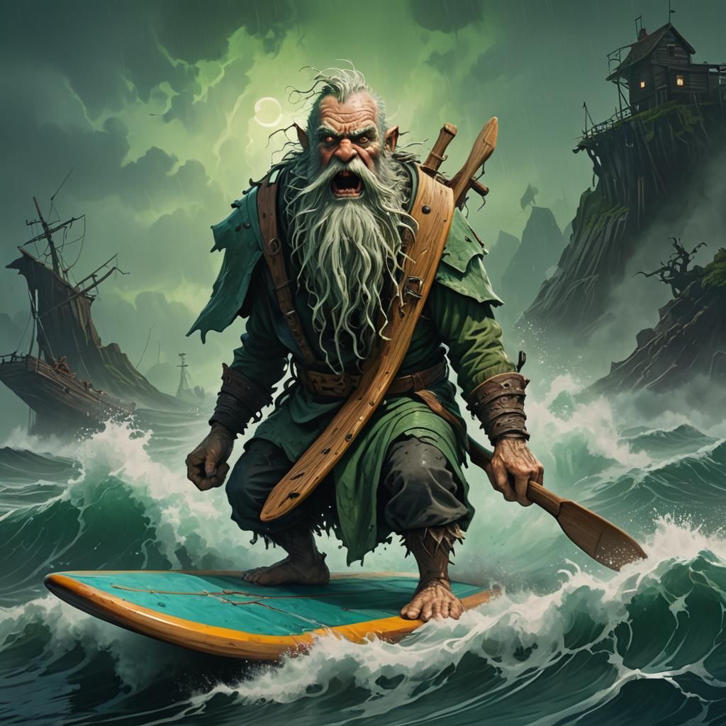 Menacing Dwarf Surfer in Sinister Vintage Style