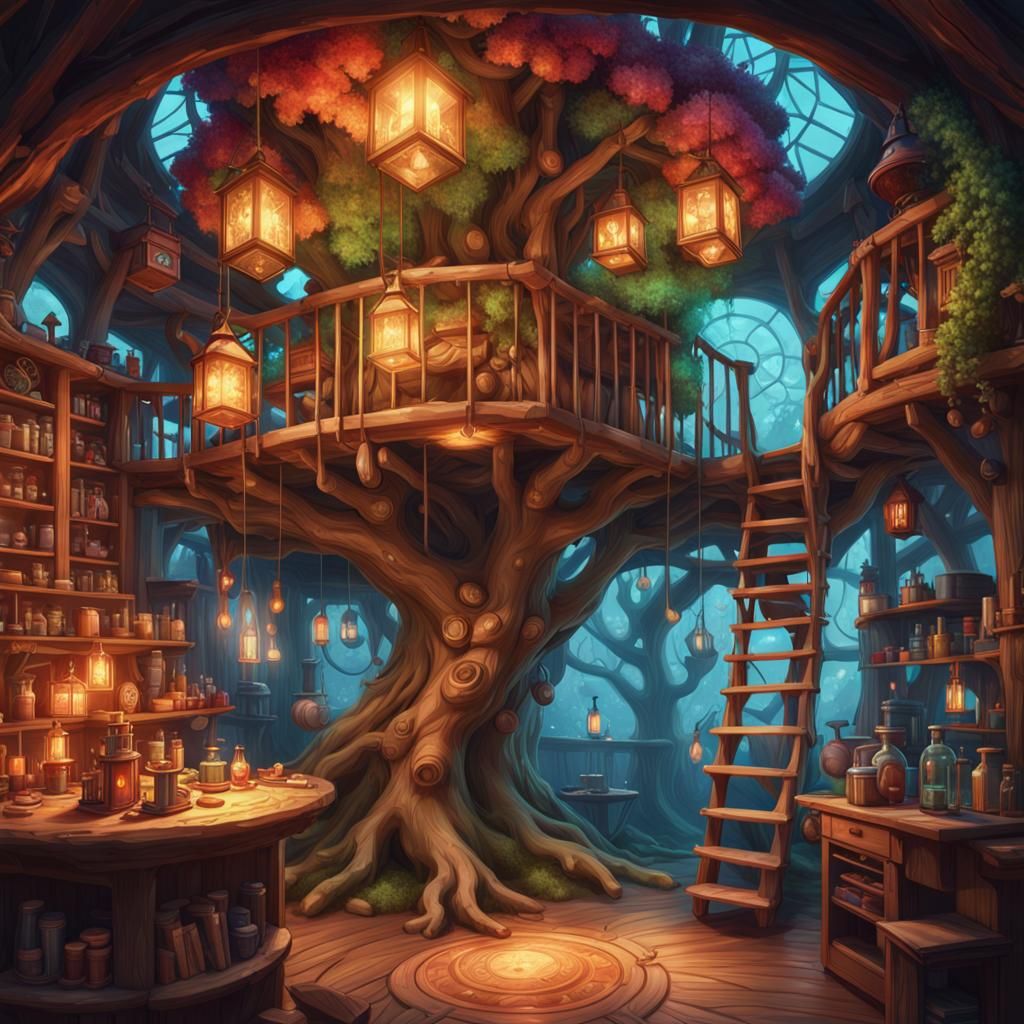 Alchemist's Laboratory Inside a Treehouse: Digital Art