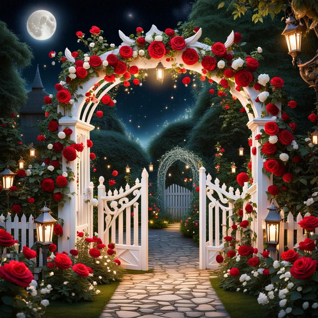Enchanted Garden Gate with Red Roses at Night