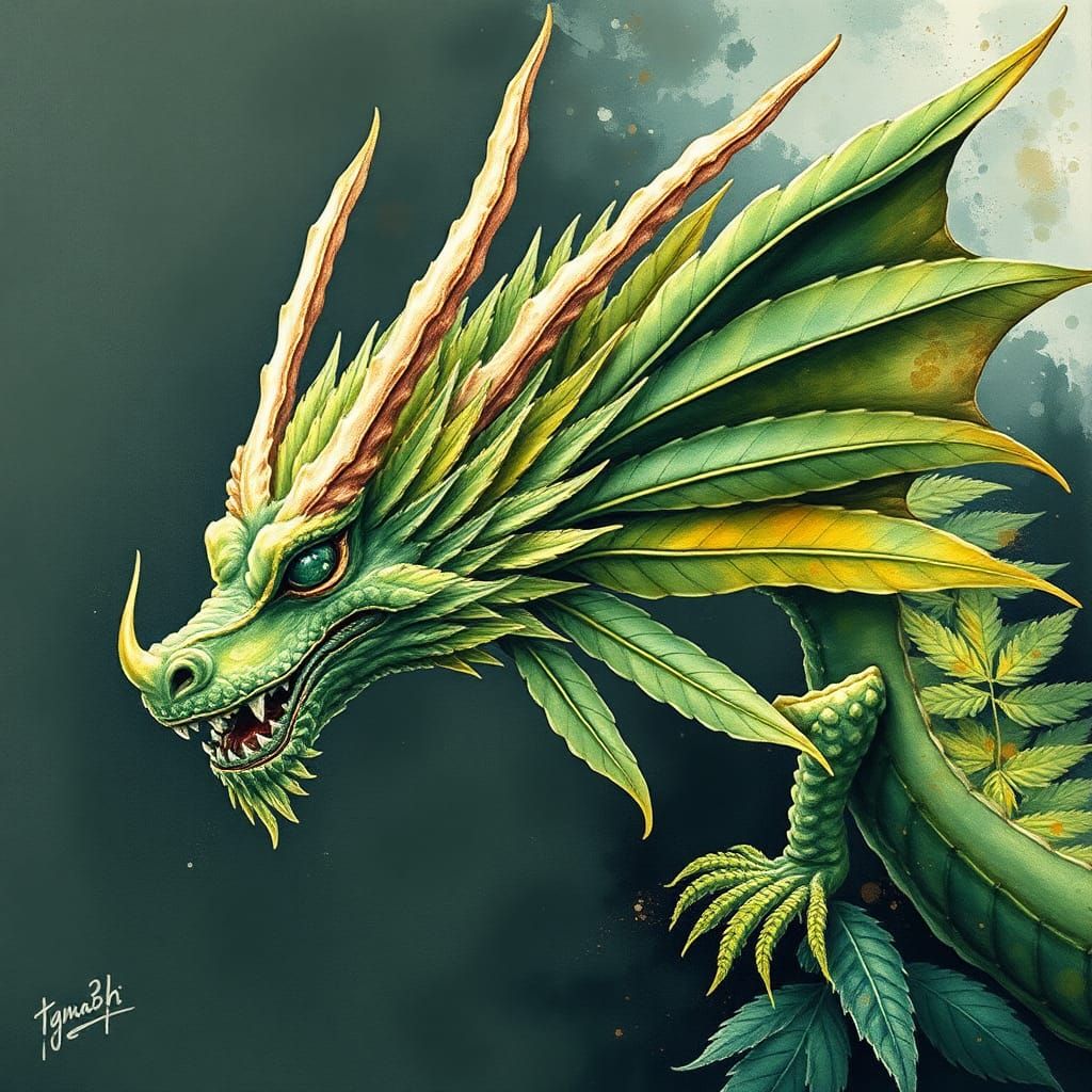 Cannabis Dragon in Gouache Watercolor Style